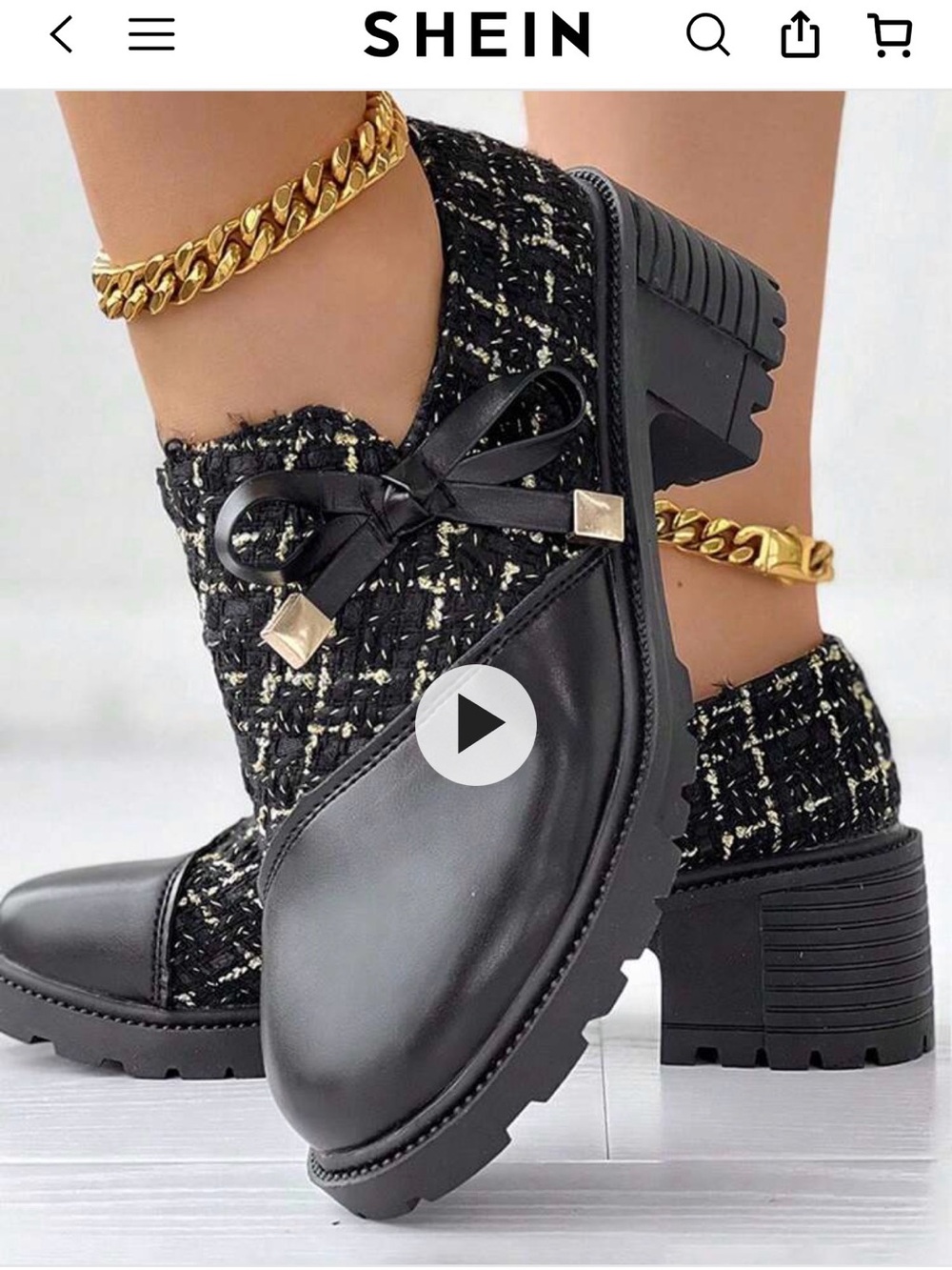SHEIN Black Tweed Lace-Up Chunky Heel Boots with Gold Accents